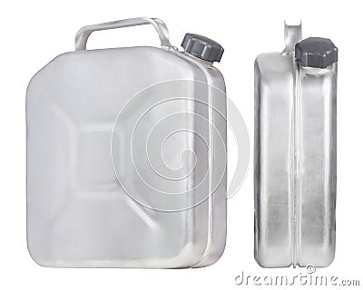 Metal fuel cans on white background Stock Photo