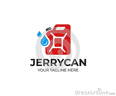 Metal fuel tank logo template. Jerry can and droplets of oil vector design Vector Illustration