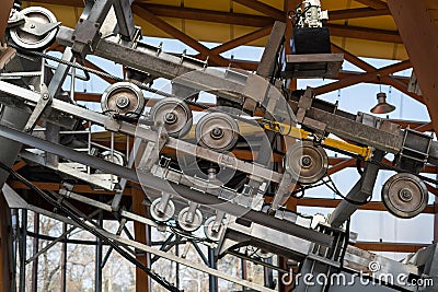 Metal funicular mechanism with rotating wheels. Lifting elevator to the mountain Stock Photo