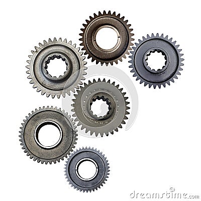 Metal gears isolated on white background collage Stock Photo