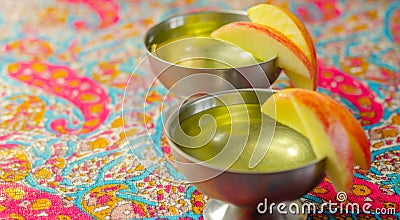 Metal goblet with a refreshing drink decorated with apple slices Stock Photo