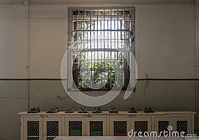 Metal grid in front of window Inside Alcatraz prison, San Francisco, CA, USA Stock Photo