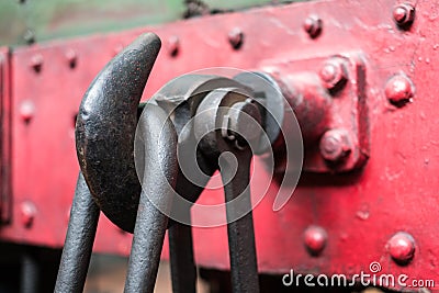Metal hook on train - steel hook, industrial detail Stock Photo
