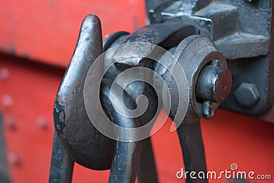 Metal hook on train - steel hook, industrial detail Stock Photo