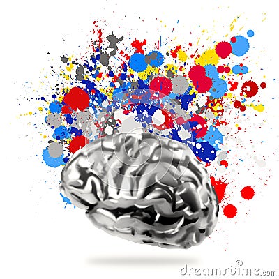 metal human brain with splash colors Stock Photo