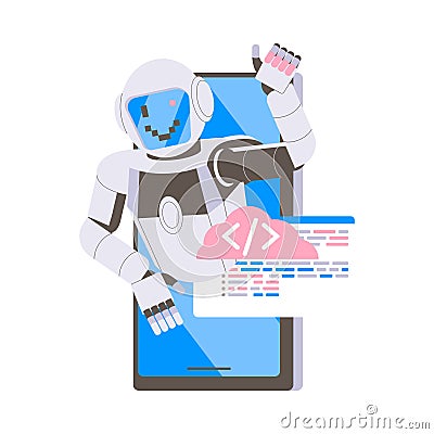 Metal Humanoid Robot Machine from Smartphone Screen Smiling and Showing Thumb Up Gesture Vector Illustration Vector Illustration