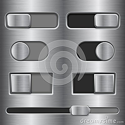 Metal interface slider buttons. Set of on and off switches Vector Illustration