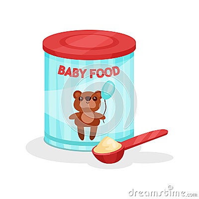 Metal jar of milk powder and full spoon. Flat vector icon of baby food. Infant formula. Nutrition for toddlers Vector Illustration