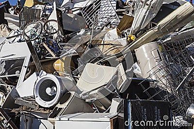 Metal junk landfill scrap metals pile recycling recycle household appliance Stock Photo