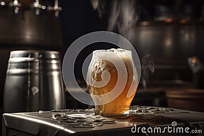 metal keg with foamy wave of beer and glass with frothy head in the background Stock Photo