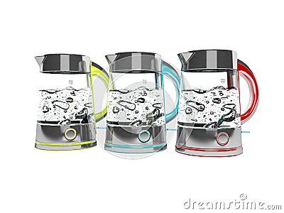 Metal kettles with glass with boiling water 3d render on white background no shadow Stock Photo