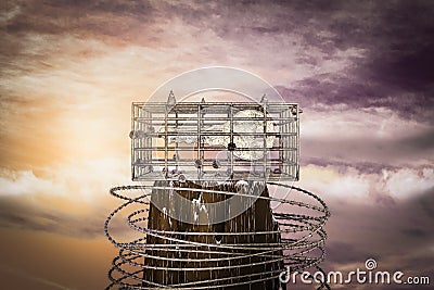 Metal key in a cage on the top of a mountain at sunset magenta day. Metal key is prisoner in metal cage or No freedom for real Cartoon Illustration