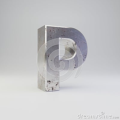 Metal letter P uppercase. 3D render scratched rusty metal font isolated on white background Stock Photo