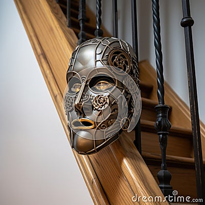 A metal mask sitting on the side of a stair case Stock Photo