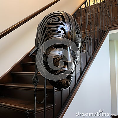 A metal mask sitting on the side of a stair case Stock Photo