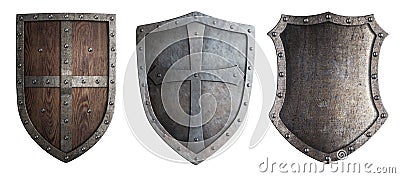 Metal medieval shields set isolated Stock Photo