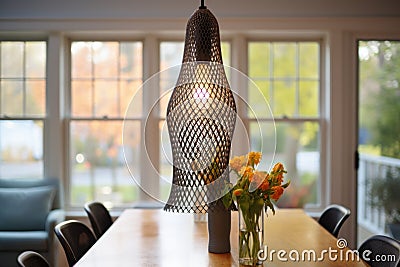 Metal mesh pendant light fixture above decorative vase Stock Photo