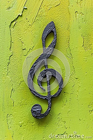 Metal Music Note Hanging on Yellow Wall Stock Photo