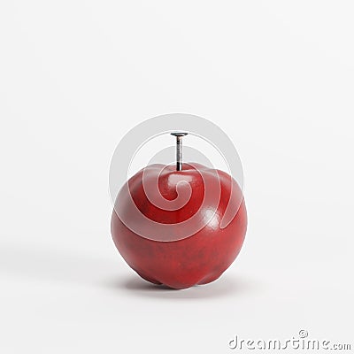 Metal nail screwed in red apple on white background Stock Photo