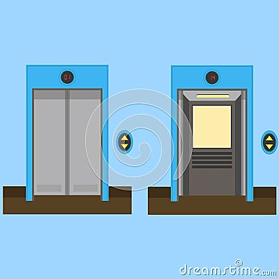 Metal Office Building Elevator on Blue Background. Closed and Open Doors. Stock Photo