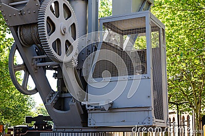 Old exterior of retro construction crane control room. Stock Photo