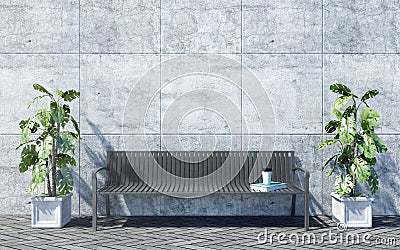 Metal outdoor bench with decorative plants on bright concrete wall background, outdoor exterior Stock Photo