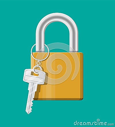 Metal padlock with key. Pad lock with keyring Vector Illustration