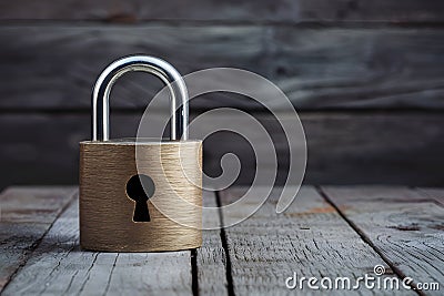 Metal padlock secures financial success on old wooden table Stock Photo
