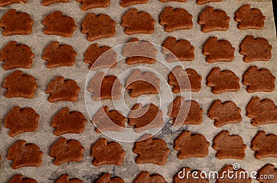 Metal pan with lots of gingerbread baked cookies in the shape of a rabbit Stock Photo