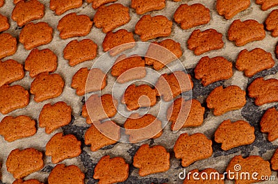 Metal pan with lots of gingerbread baked cookies in the shape of a rabbit Stock Photo