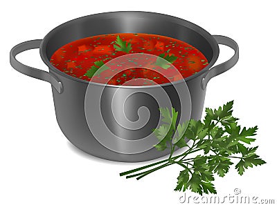 Metal pan with red soup and parsley Vector Illustration