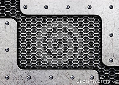 Metal perforated background with shiny stainless steel plate, 3d, illustration Cartoon Illustration