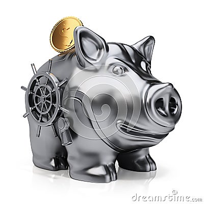 Metal piggy bank with safe lock and gold coin Stock Photo