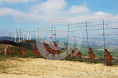 Metal pilgrim statues in Puerto del Perdon mountain port, Camino de Santiago, Navarra, Spain Stock Photo