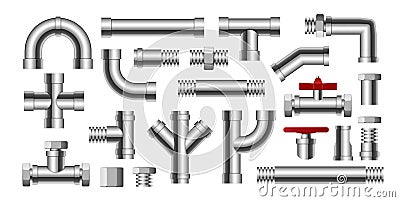 Metal pipe water connection isolated pipeline. Water tube factory steel construction plumbing Vector Illustration