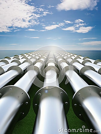 Metal pipeline with blue sea Stock Photo