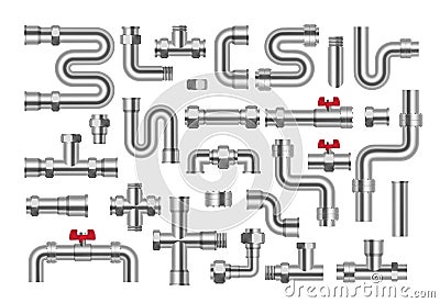 Metal pipeline. Realistic industrial pipeline with connections and valves. Pipe assembly kit. engineering plumbing Stock Photo