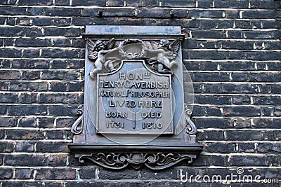 Metal plaque marking the house where Henry Cavendish lived in Gower Street London Editorial Stock Photo