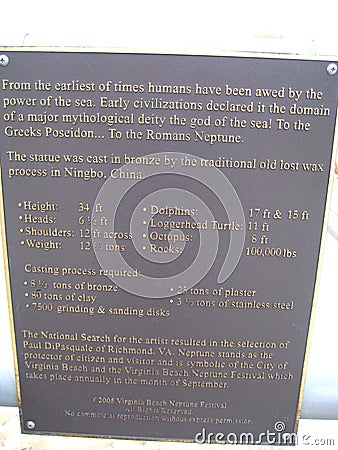 Metal plaque beside The Neptune statue Editorial Stock Photo