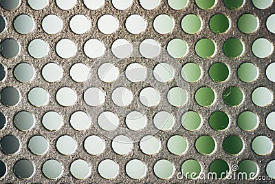 Metal plate with many small circular holes, macro texture backgr Stock Photo