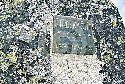 Metal plate with the name of Strbsky stit peak Stock Photo