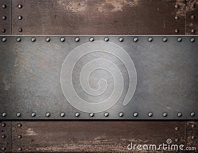 Metal plate with rivets over rustic steel Stock Photo