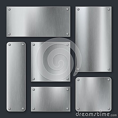 Metal plates. Steel plate, stainless panel chrome tag with screws. Industrial technology metallic blank realistic Vector Illustration