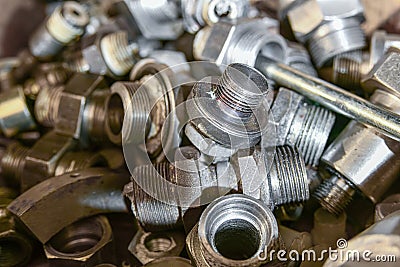 Metal plugs, grommets and fittings for hydraulic systems Stock Photo