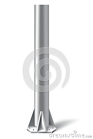 Metal pole pillar. Steel pipe bolted on flat base. Steel vertical cylinder footing for road sign, banner, billboard Vector Illustration