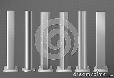 Metal poles. Metalic pillars for urban advertising sign and billboard. Polish steel columns in different section shapes Vector Illustration