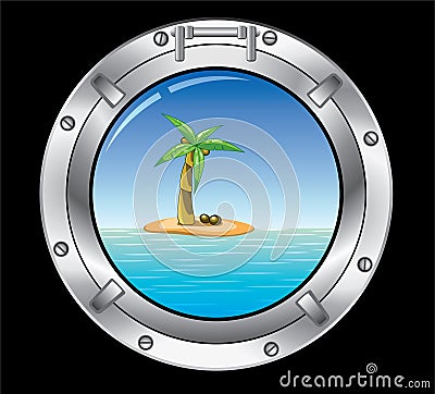 Metal porthole and palm tree Vector Illustration