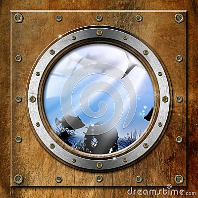 Metal Porthole with Sea Abyss Landscape Stock Photo