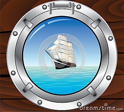 Metal porthole and tallship in the ocean Vector Illustration