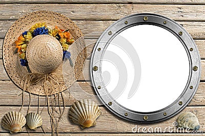 Metal Porthole on Wooden Boardwalk with Sand Stock Photo